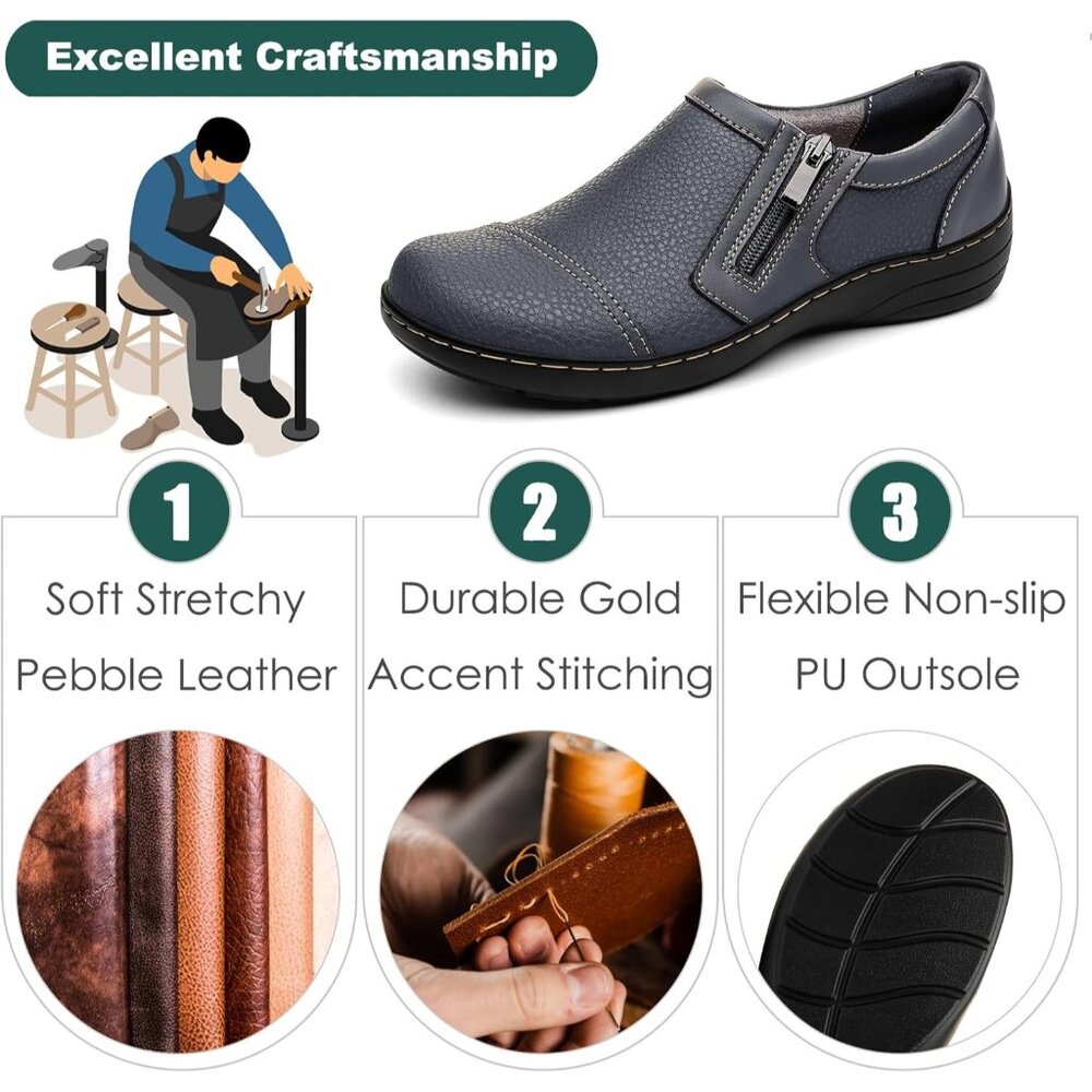 👑Women's Comfortable And Lightweight Grey Leather Loafers Casual Zipper Closure - Picture 3 of 9